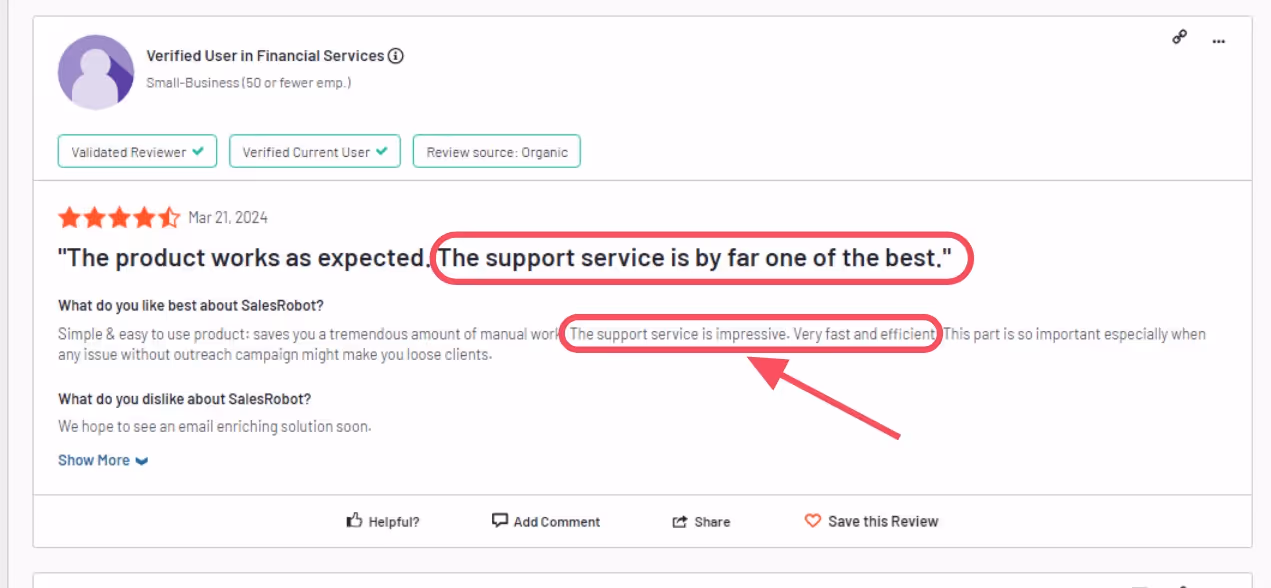Review highlighting Salesrobot good support