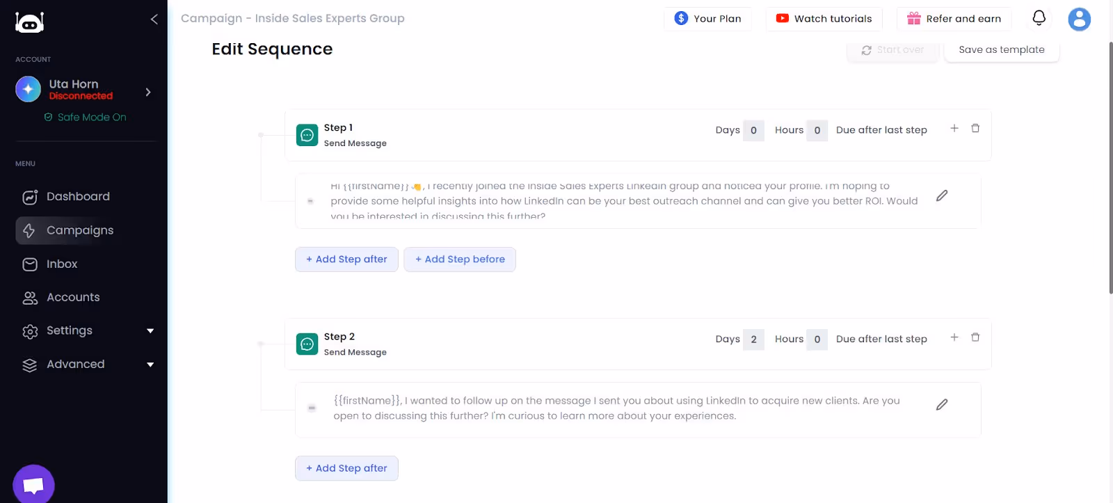 Salesrobot sequencing features screenshot