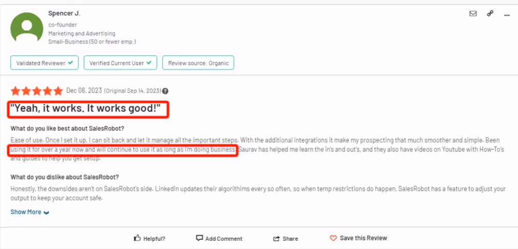Salesrobot review highlighting success