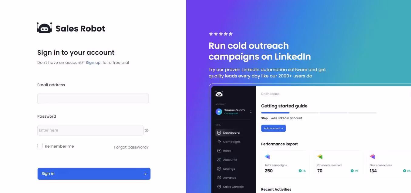 Salesrobot sign up page