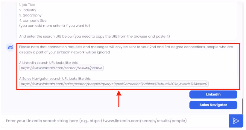 where you need to input the LinkedIn search URL or LinkedIn sales nav.