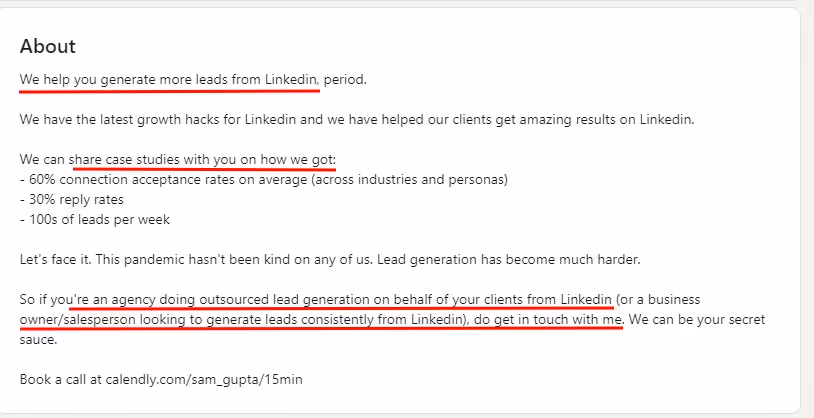 an example of LinkedIn Bio of an optimized LinkedIn profile. 