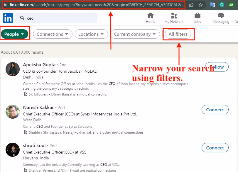 how to get a LinkedIn search URL. 