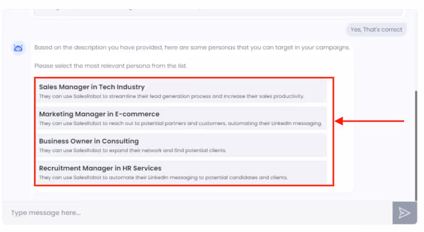 the buyer persona created by Salesrobot chatbot.