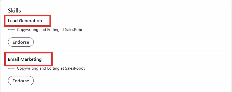 LinkedIn skills section highlighting Lead Generation and Email Marketing.