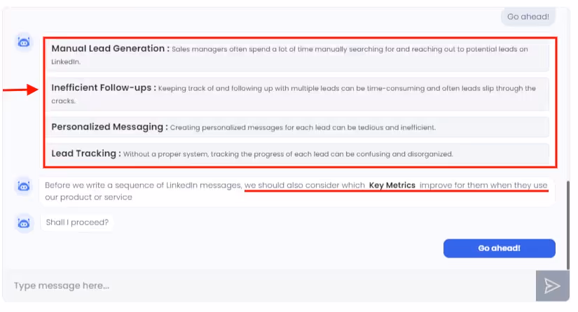 Salesrobot chatbot suggested key metrics that matter to your prosepct.