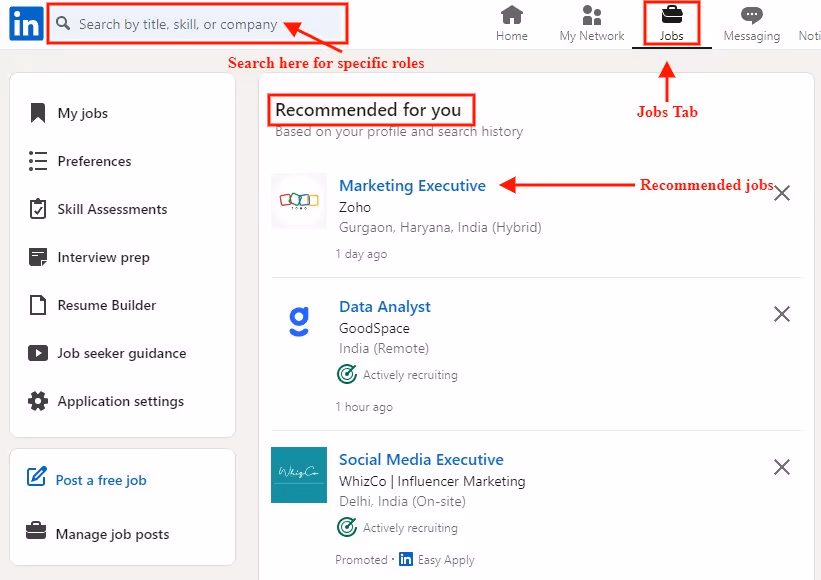 how to search for a specific job role and recommended jobs panel. 