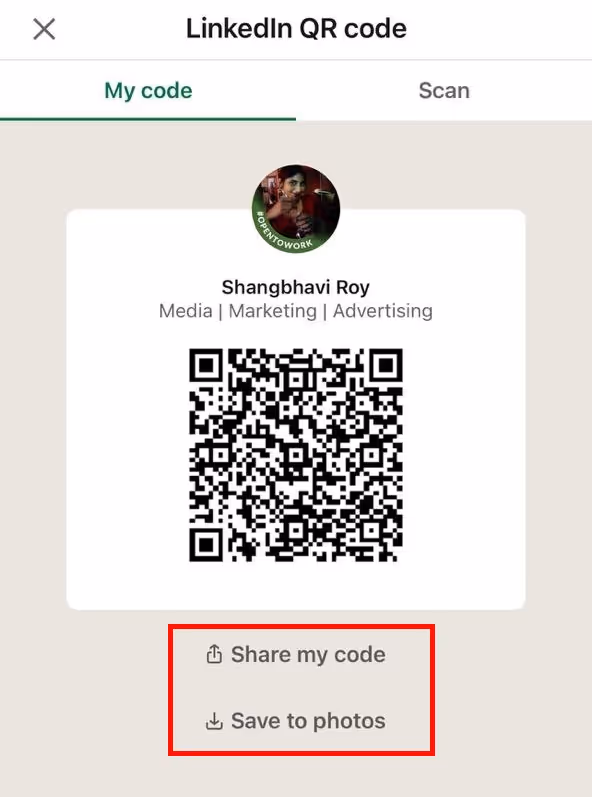 Share LinkedIn QR code on iOS.