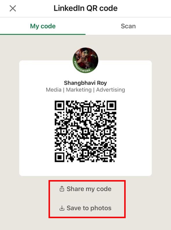 Share LinkedIn QR code on iOS.