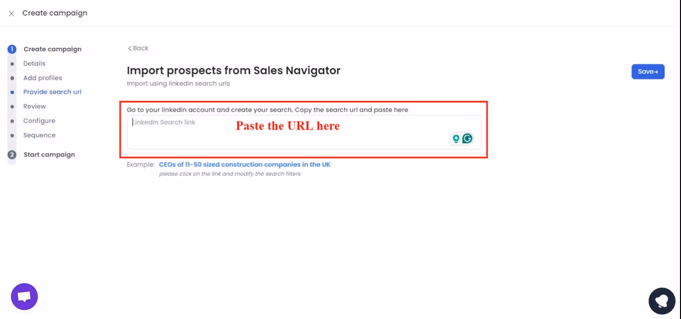 the step where you need to paste the Sales Nav URL