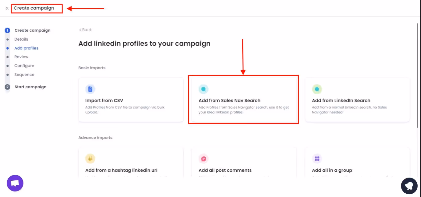 that you need to select "Add from Sales Nav" to create a campaign. 