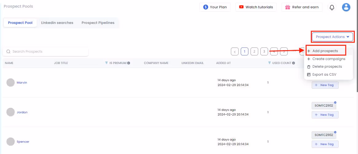 the second step to add prospects in Salesrobot