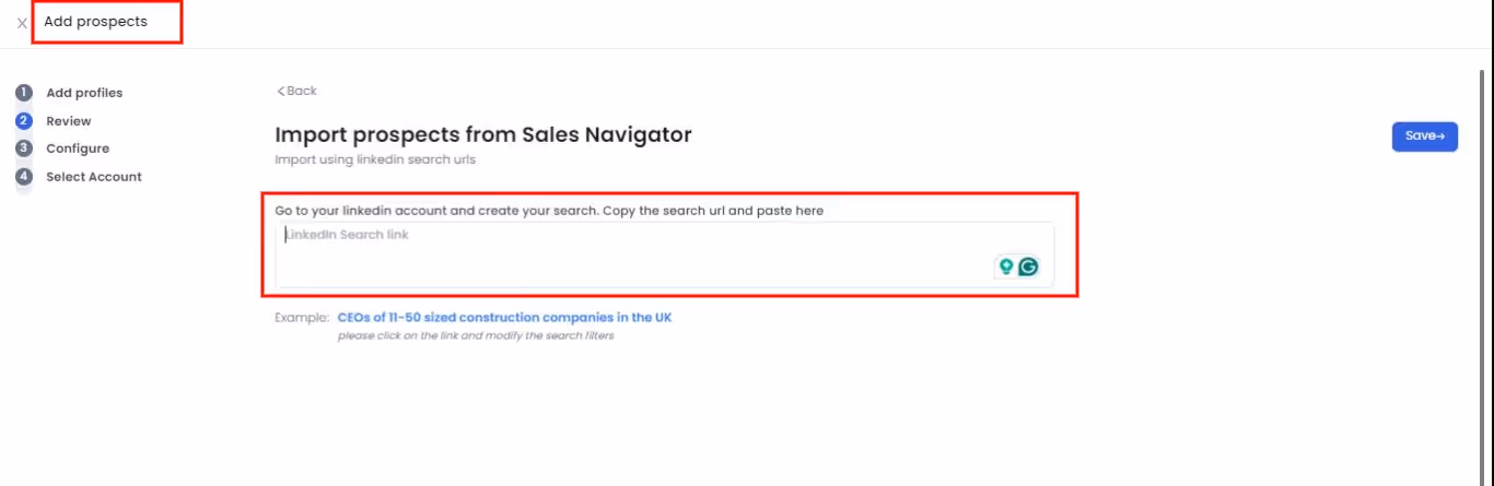 Paste the Sales Nav URL