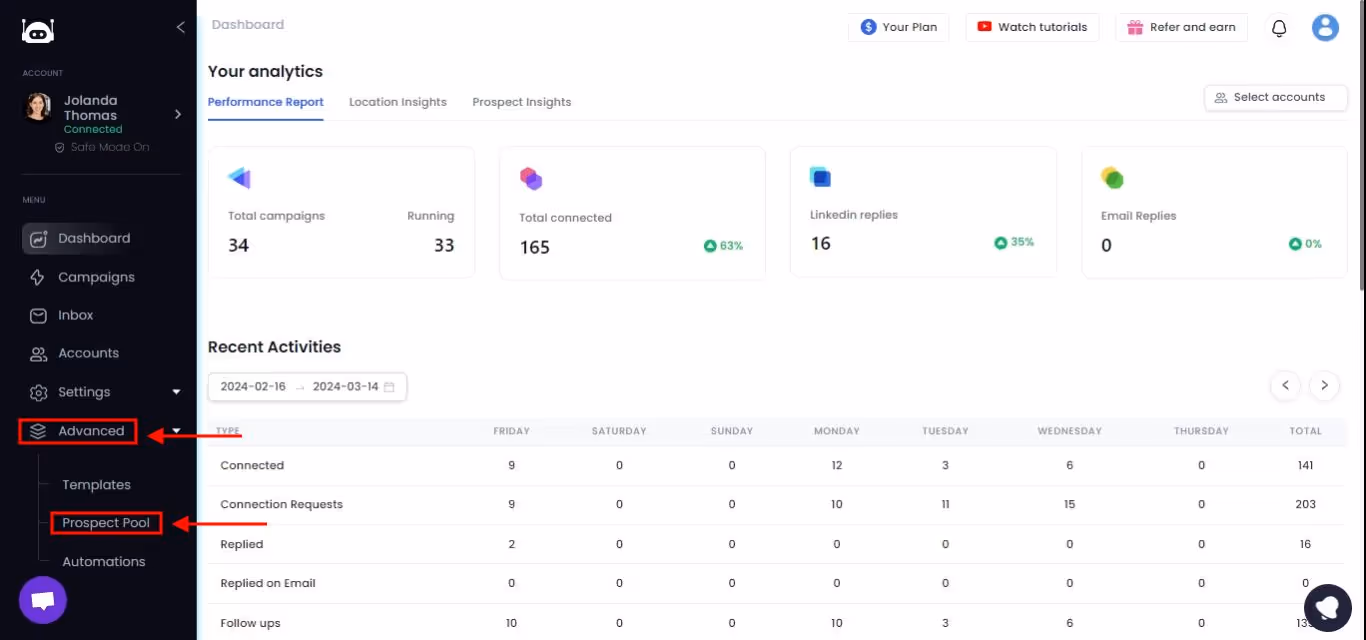 the prosepct pool option in advanced section in salesrobot.
