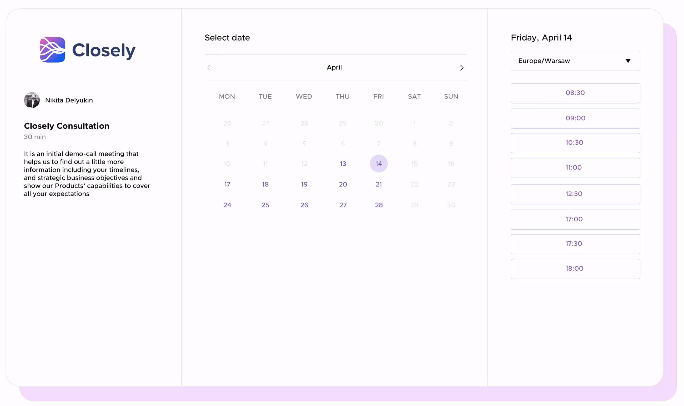 Schedule meetings using Closely