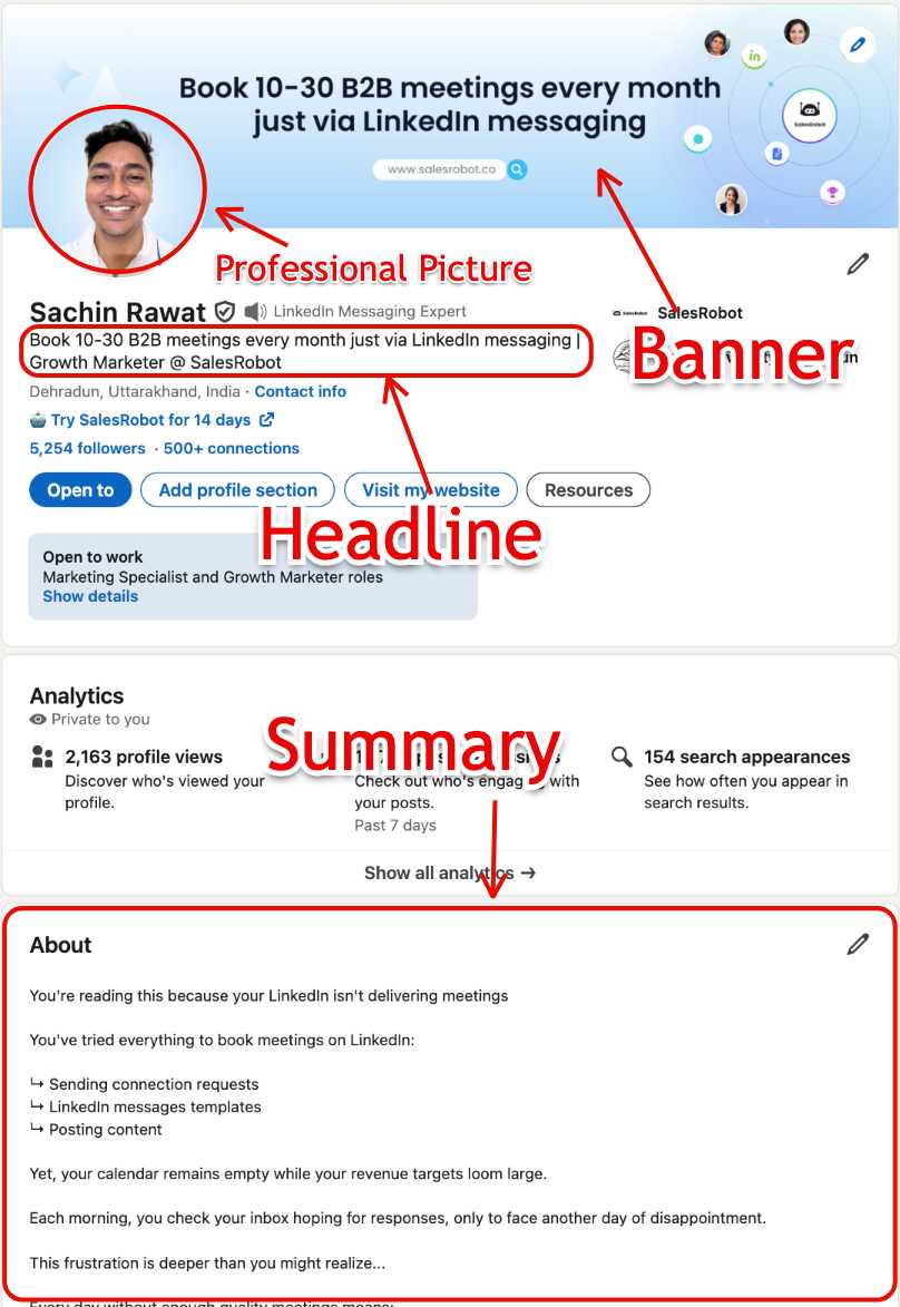 Optimised LinkedIn profile Sachin Rawat, a Growth Marketer.