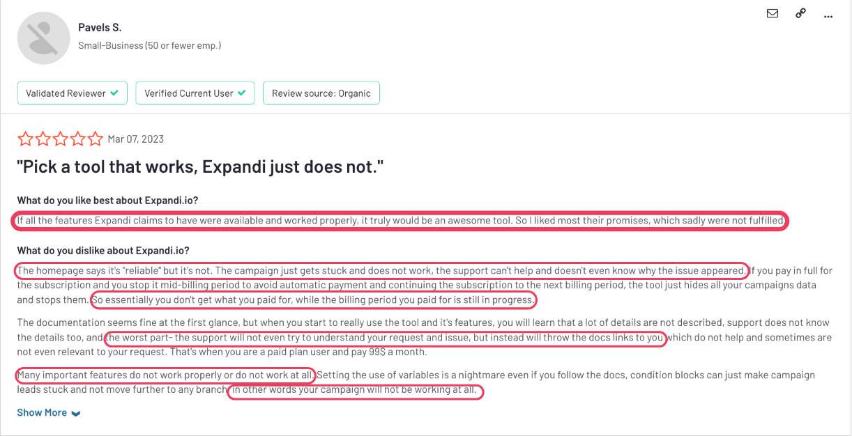 Expandi Negative user review