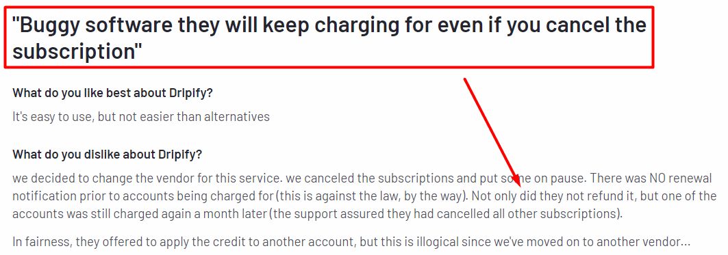 A review claiming Dripify's software is buggy.