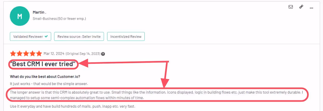 G2 review of customer.io