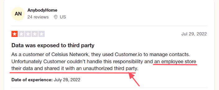 Trustpilot review of customer.io