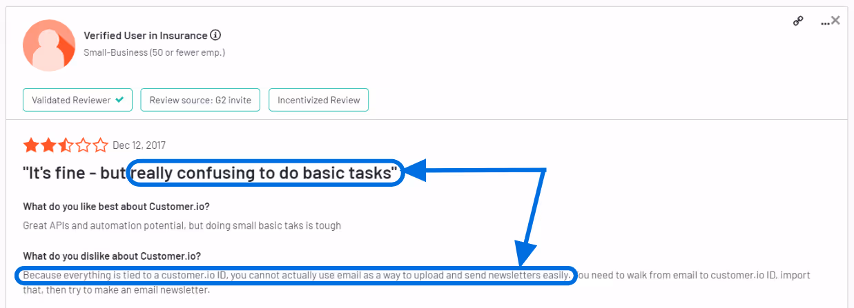 G2 review of customer.io