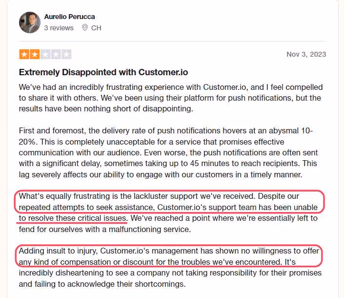 Trustpilot review of customer.io