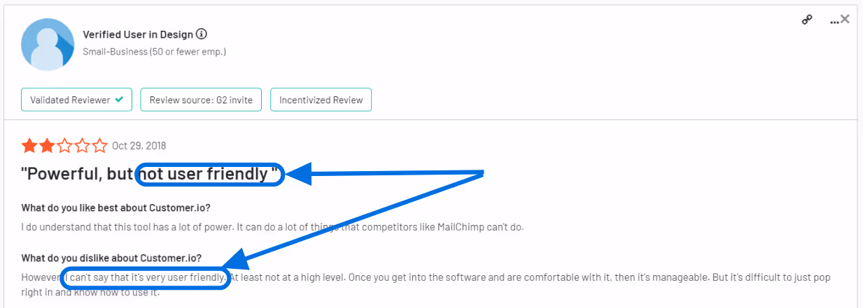 G2 review of customer.io