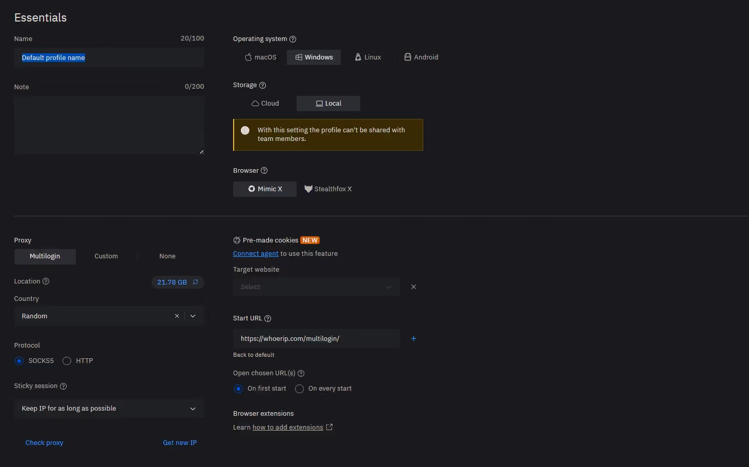 Multilogin essentials tab
