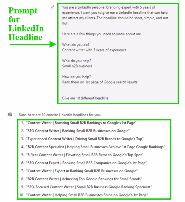 ChatGPT Prompt to generate LinkedIn headline