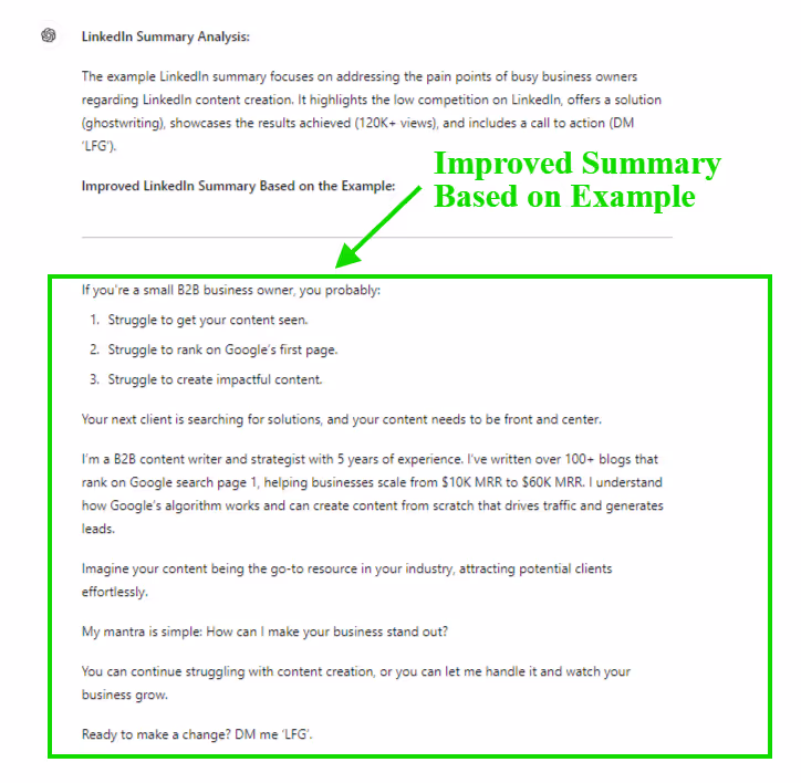 ChatGPT Prompt to generate LinkedIn Summary with example