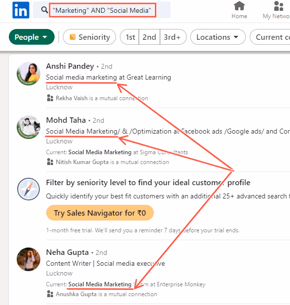 Marketing and social media boolean search result on LinkedIn.