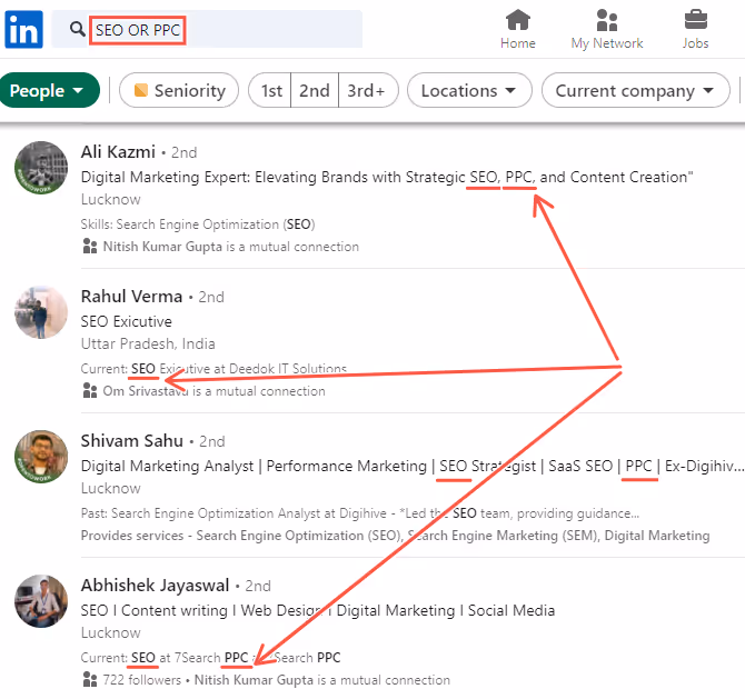 SEO or PPC boolean search result on LinkedIn.