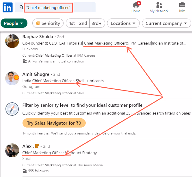 Chief marketing officer boolean search result on LinkedIn.