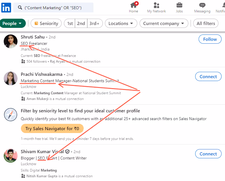 Content Marketing or SEO boolean search result on LinkedIn.