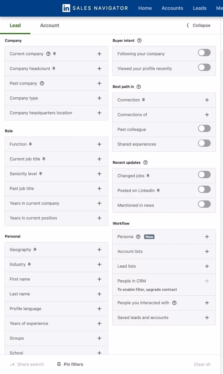 LinkedIn sales navigator search filters.