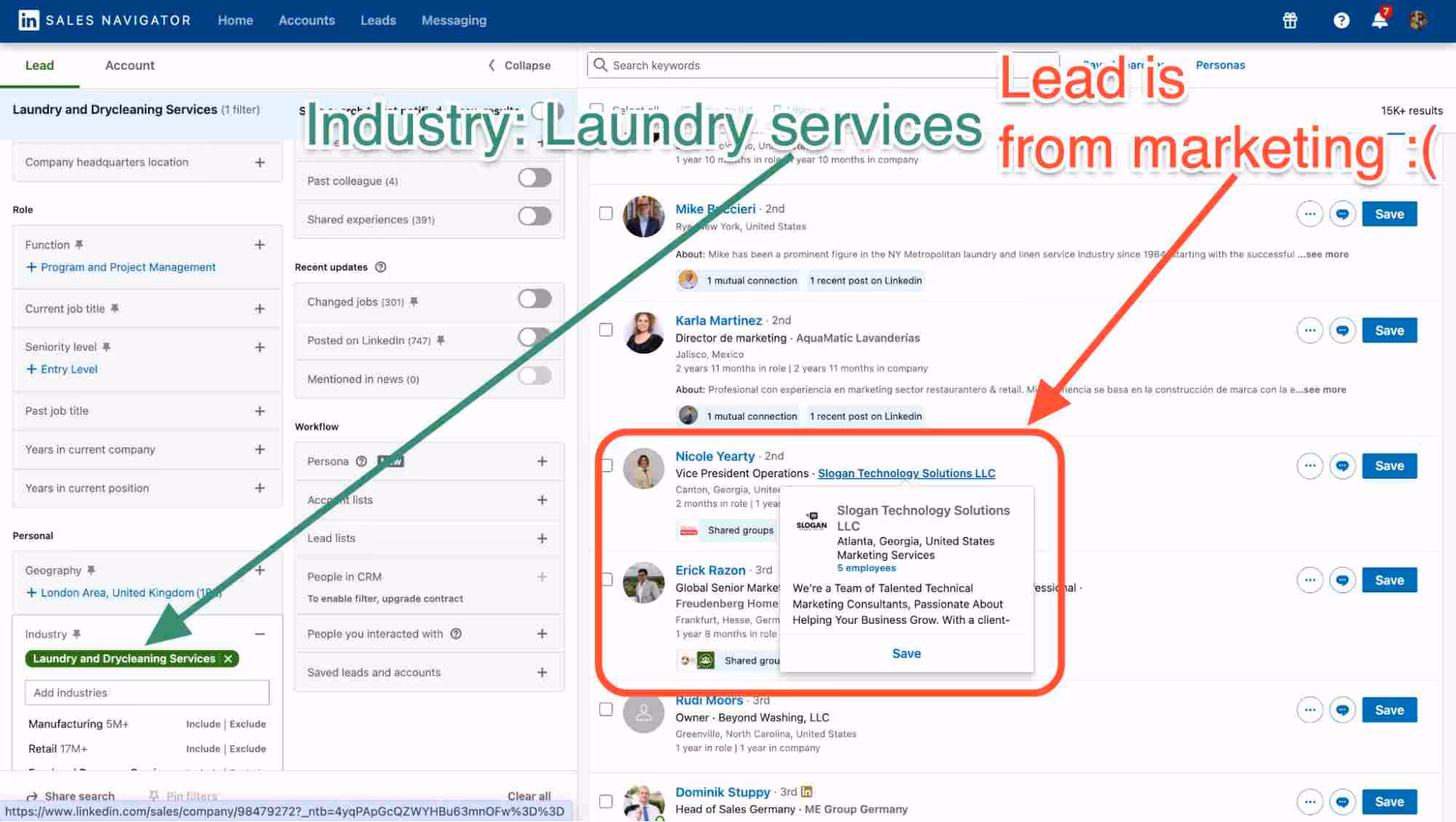sales navigator industry keyword filter and mismatching search result.