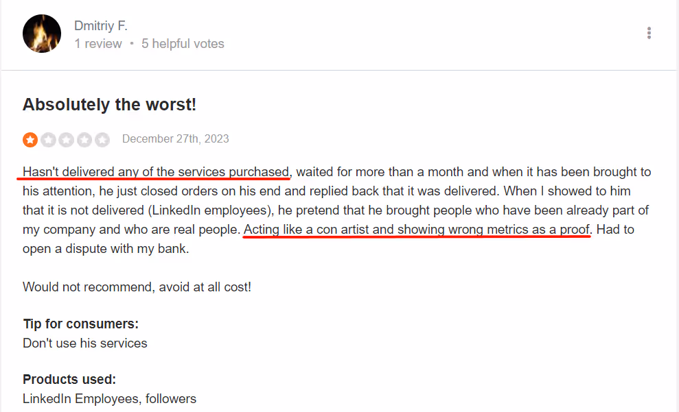 User review left for a paid LinkedIn comment service saying that they never got the service they paid for 