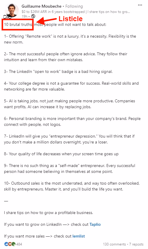 A listicle post on LinkedIn.