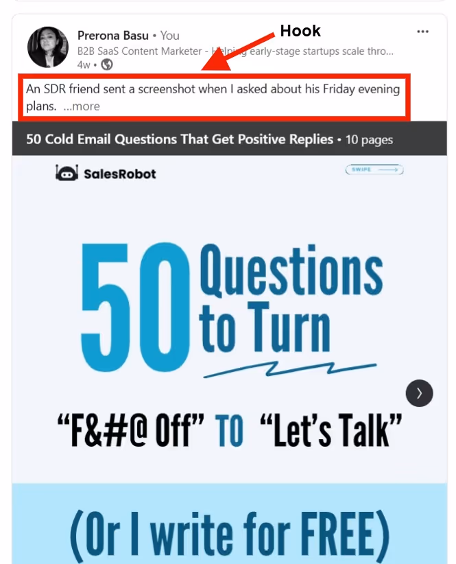 An example of a well-written post by Prerona Basu on LinkedIn.