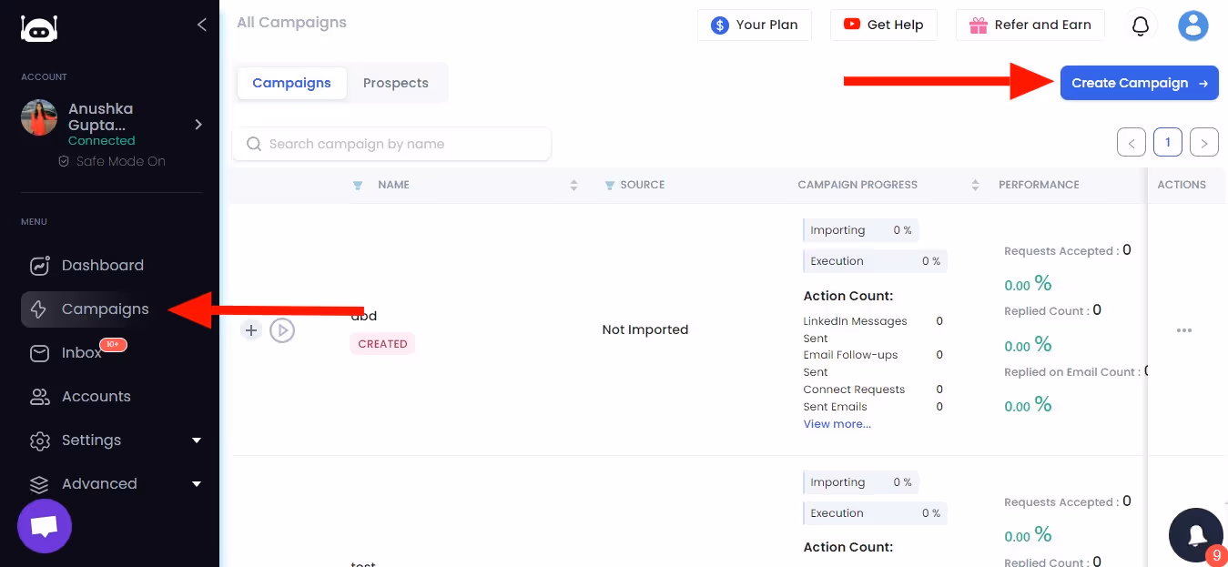 Campaigns page SalesRobot