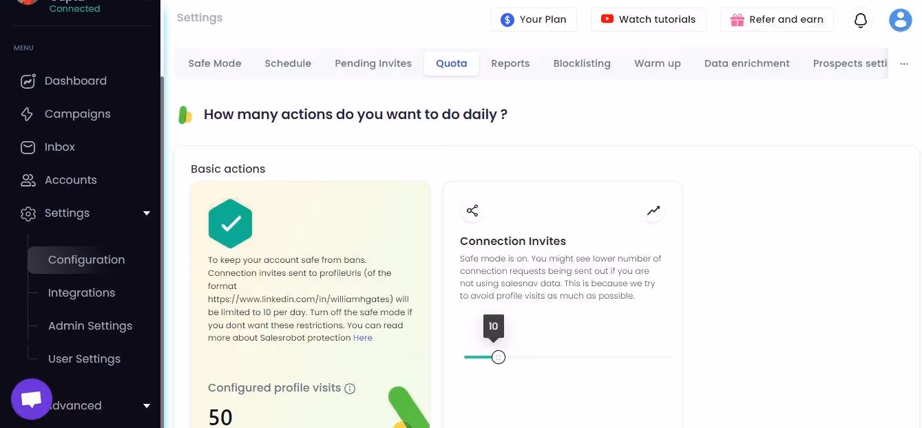 salesrobot daily automation limit settings