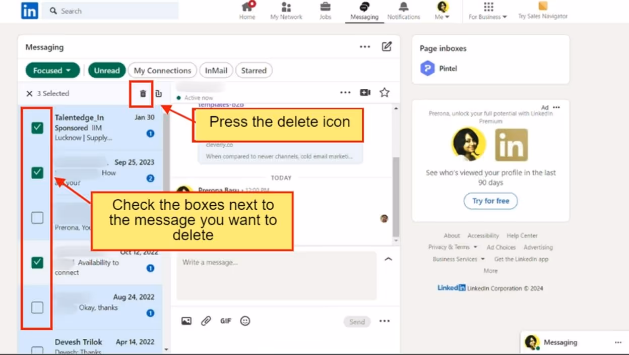 A step-by-step image guide of how to delete LinkedIn messages in bulk, part 2.