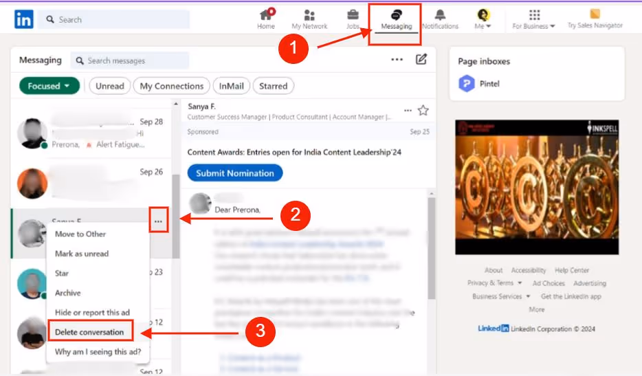 A step-by-step image guide of how to delete LinkedIn messages.