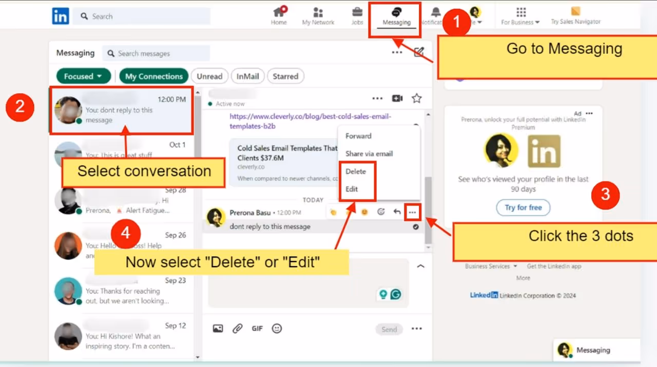 A step-by-step guide of how to delete sent messages on LinkedIn.