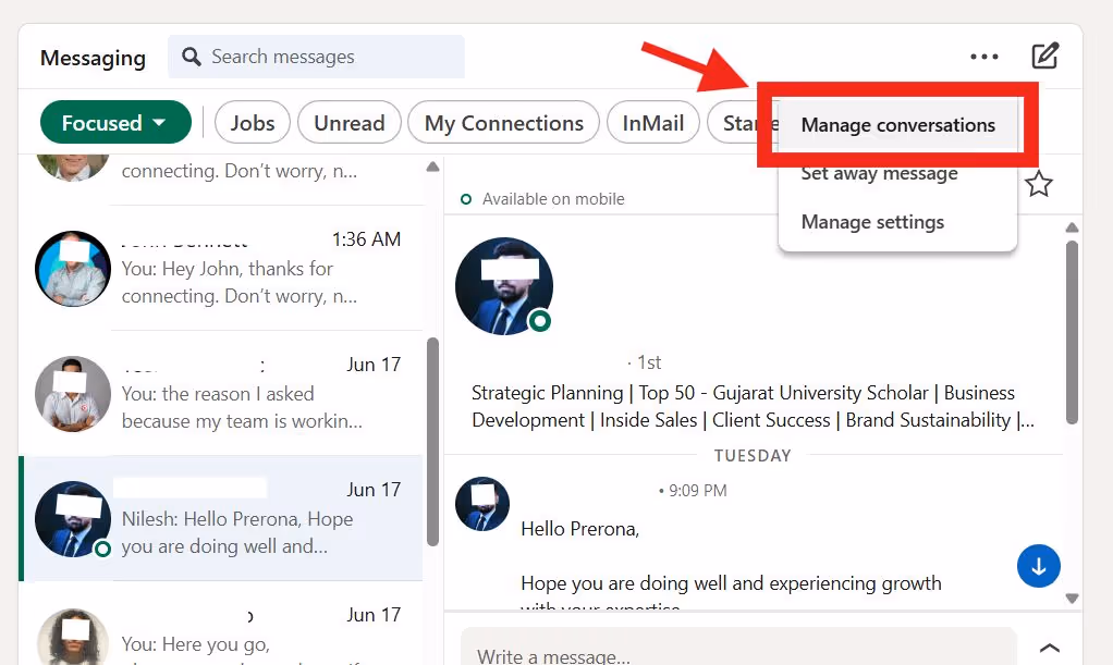 The option to manage conversation appears on screen after clicking on the 3 dots.