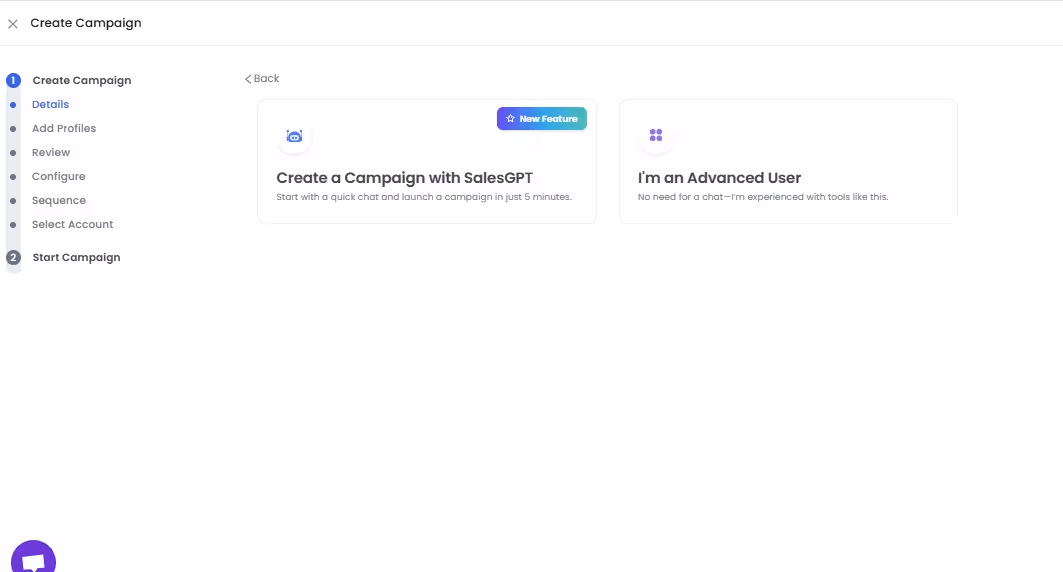 SalesRobot creating a campaign choosing between SalesGPT or advanced user options.
