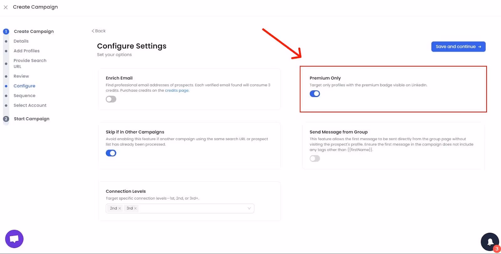 SalesRobot configuring campaign settings with options for Premium Only, skip if in other campaigns, and connection levels.