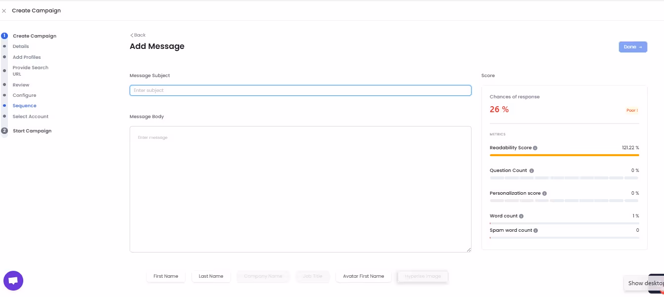 Add a message to your sequence, including subject and body.