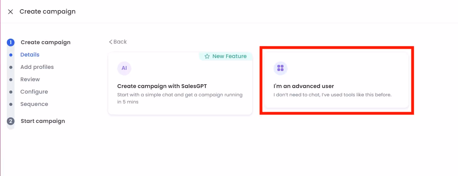 Advanced step to create campaign on SalesRobot