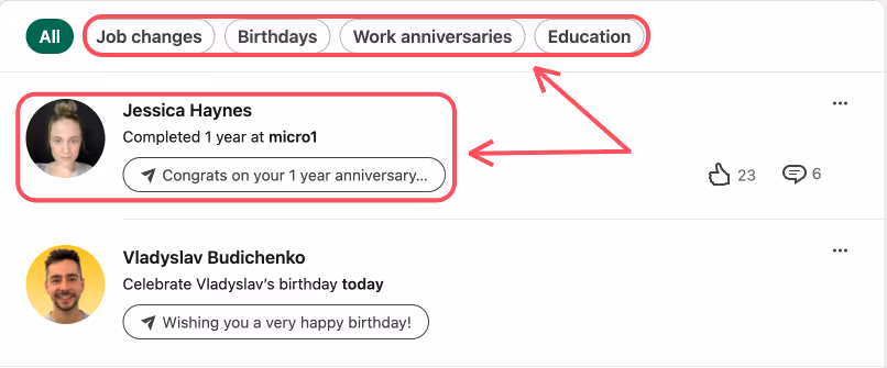 LinkedIn feed with anniversary and birthday announcements.